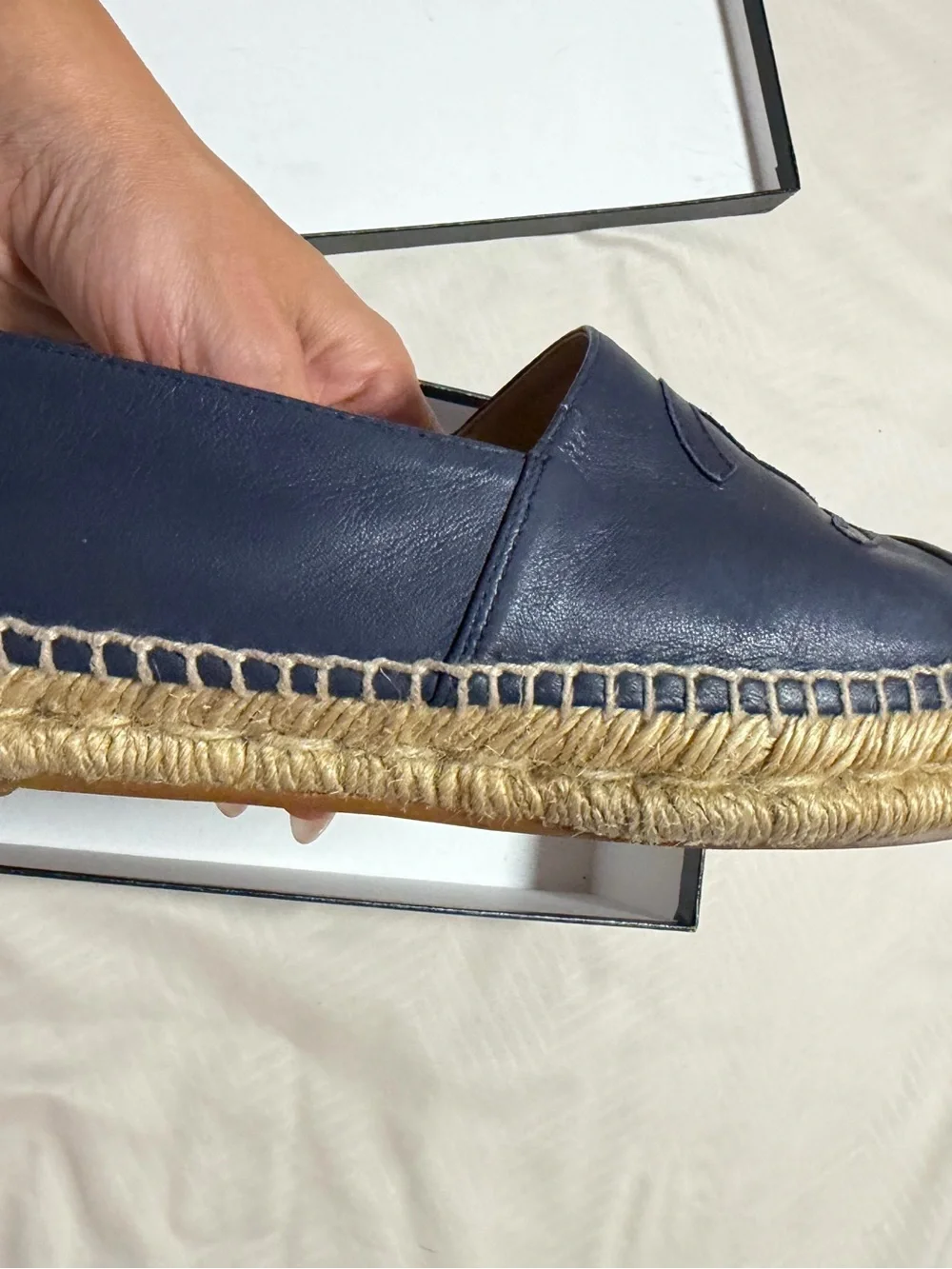 AUTHENTIC CHANEL Dark Navy Leather CC Espadrille Flats